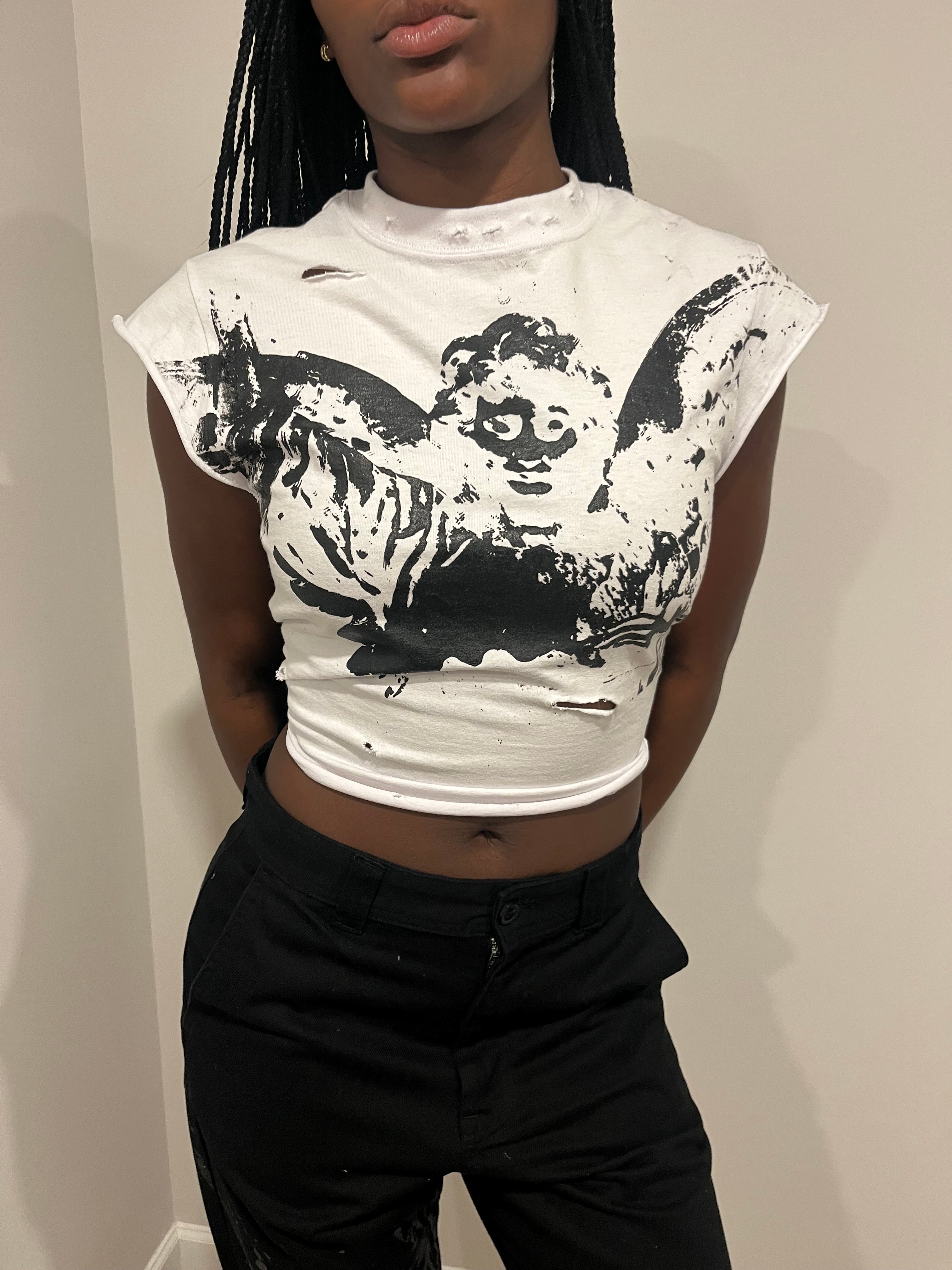 Distressed Mid-Sleeve crop tee (S)